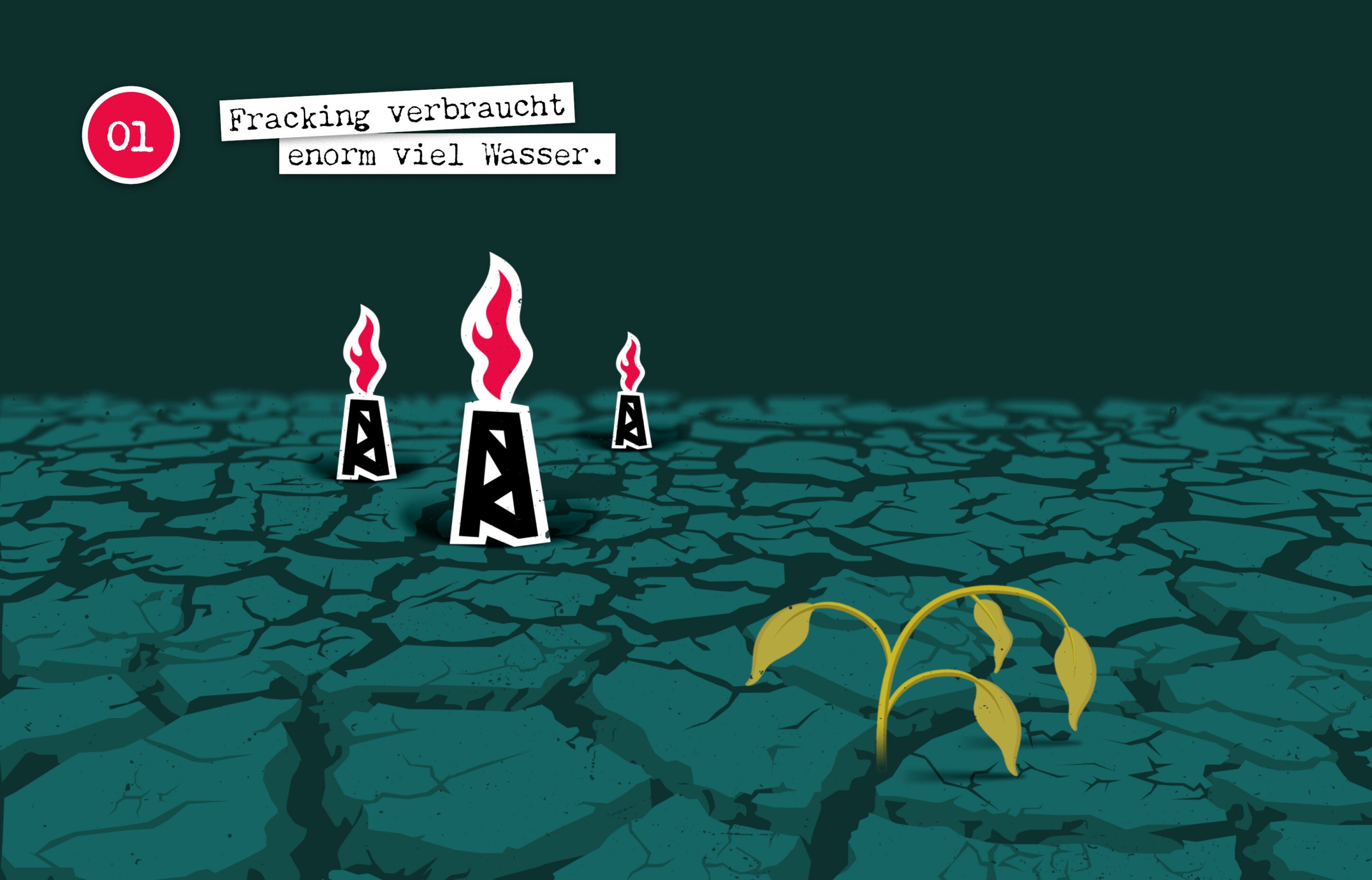 Fracking verbraucht sehr viel Wasser, was durch Bohrtürme und eine verkümmerte Pflanze auf trockenem Boden dargestellt wird.